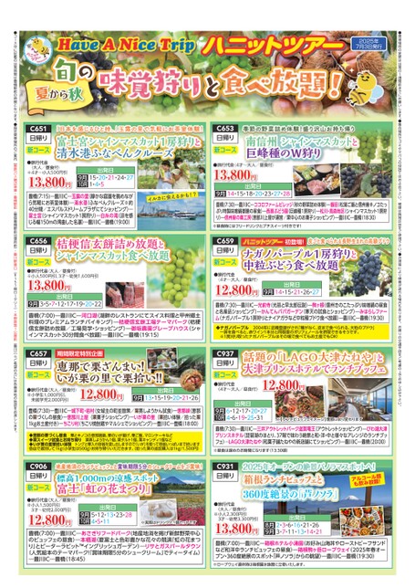 ハニットツアー【2025年7月3日発行】旬(夏から秋)の味覚狩りと食べ放題!